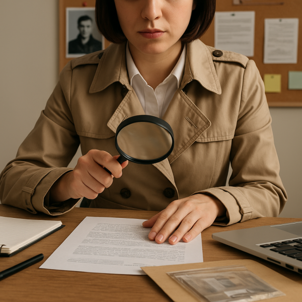 도심 속 건물 외벽에 설치된 감시 카메라와 탐정 업무를 상징하는 장비가 배치된 장면