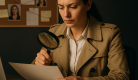 트렌치코트를 입은 여성 탐정이 사무실 책상에서 돋보기로 문서를 조사하고 있고, 뒤편에 사건 자료와 사진이 정리된 코르크 보드가 보이는 장면