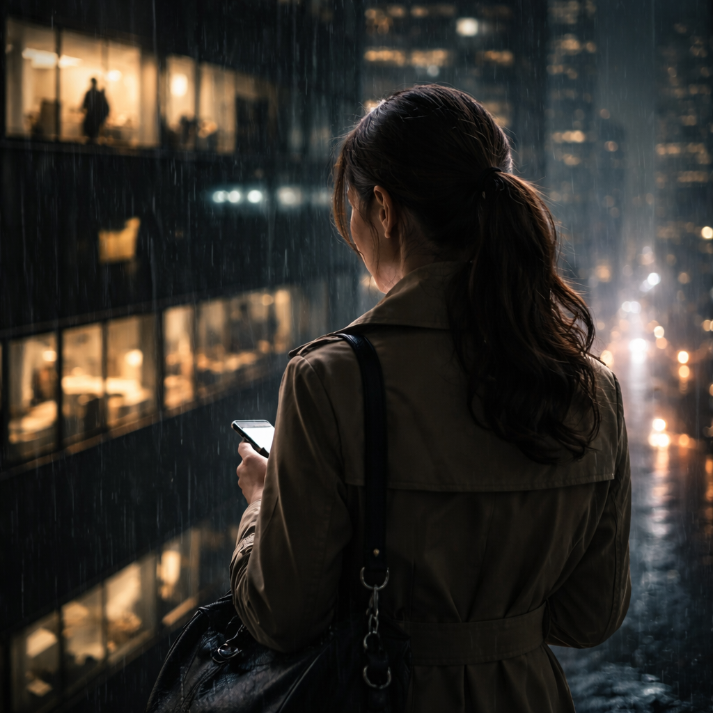 비 오는 밤 도시를 배경으로 정보와 비밀의 분위기를 담아낸 여탐정 흥신소 감성 이미지